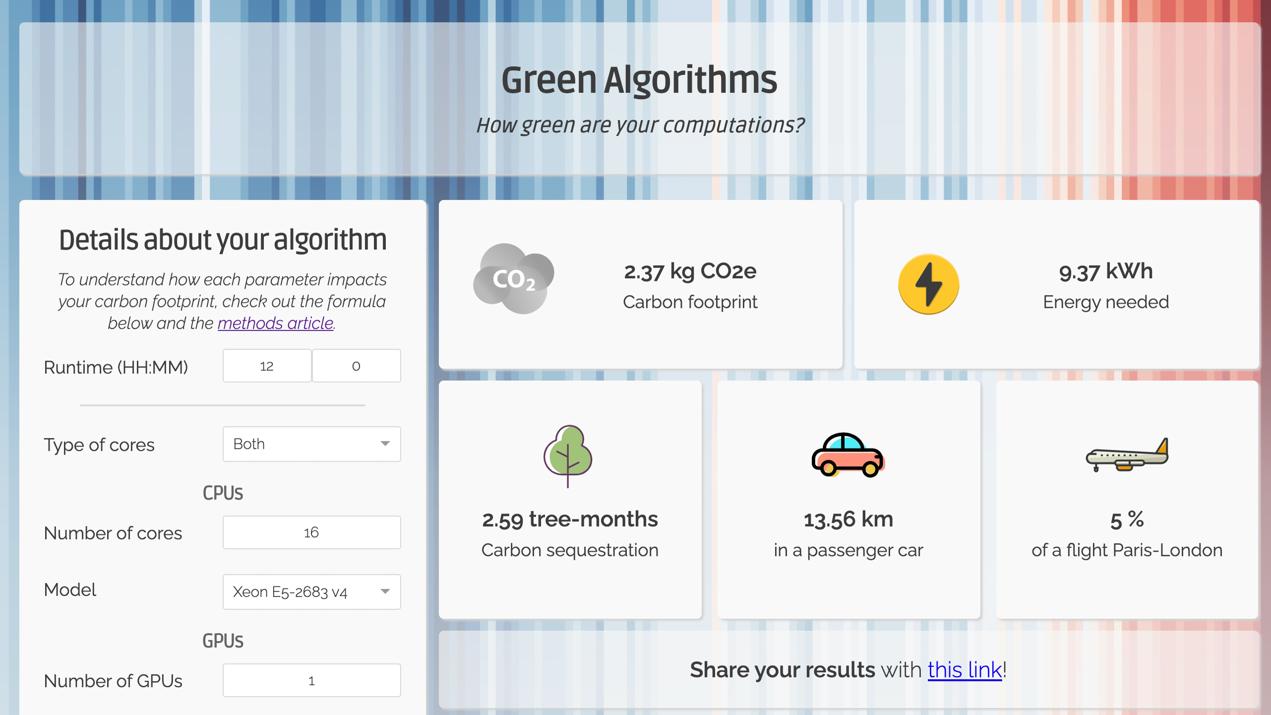 Screenshot of the green algorithms calculator.